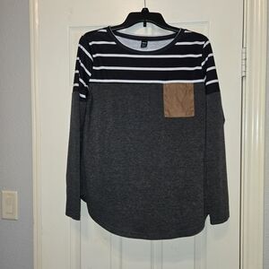 SHEIN Black White Striped Yoke Dark Gray Long Sleeve Top with Brown Pocket